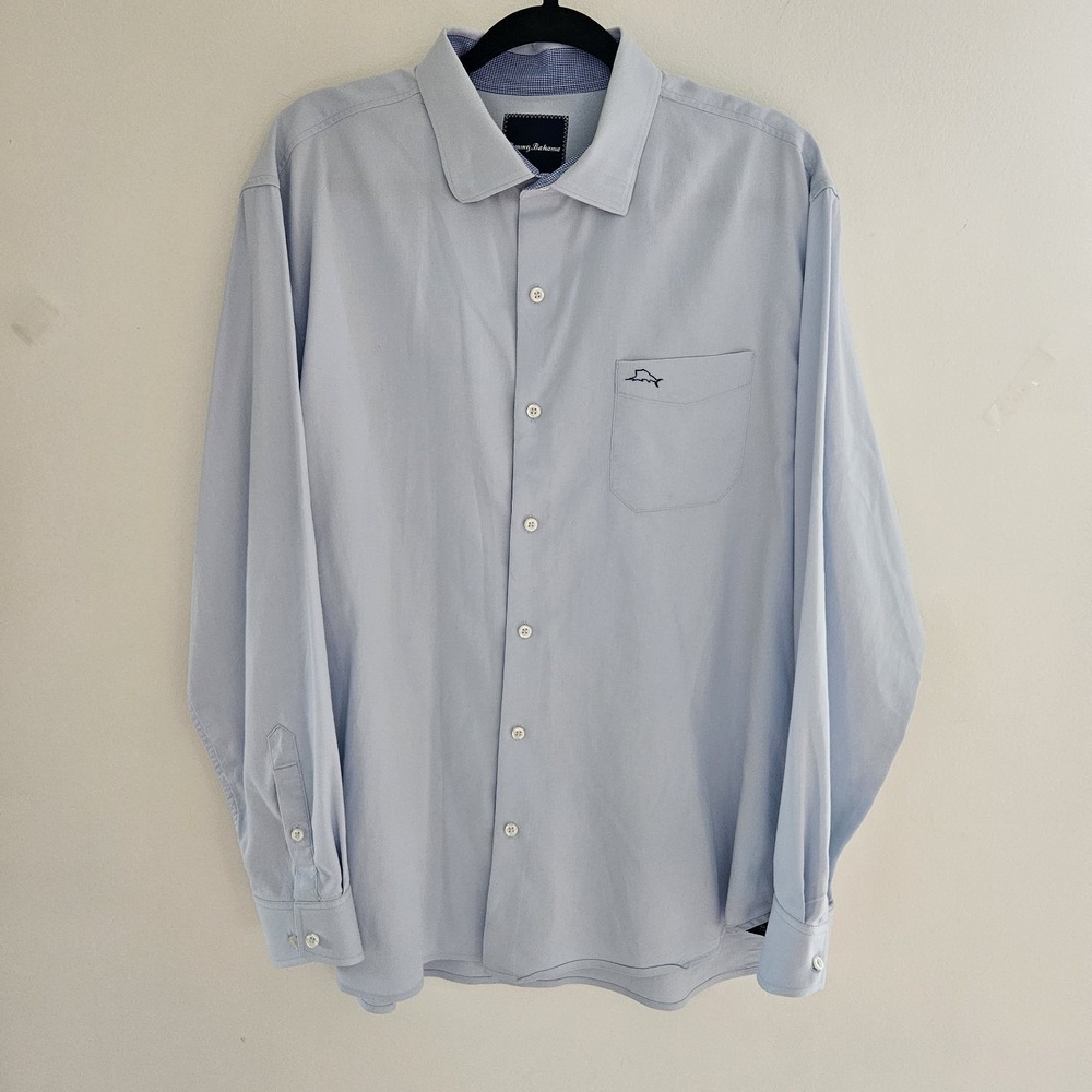 Tommy Bahama Shirt L Blue Silk Cotton Blend Long Sleeve Button Up Logo Flip Cuff
